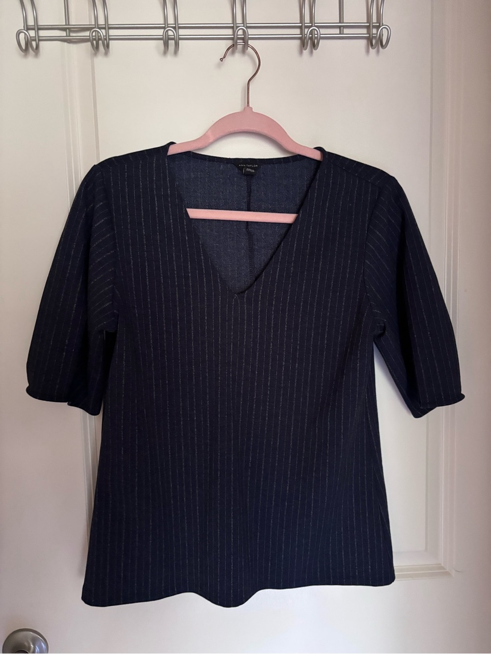 Ann Taylor — Navy Pinstripe V-Neck Blouse
